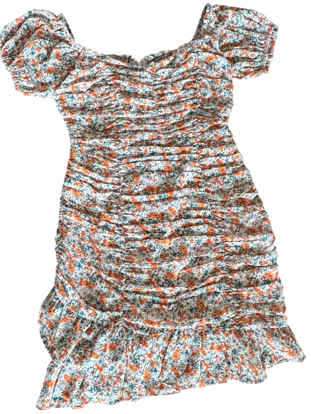 NWT ASTR the Label Orange Teal Ditsy Floral Ruched Off-Shoulder Mini Dress M